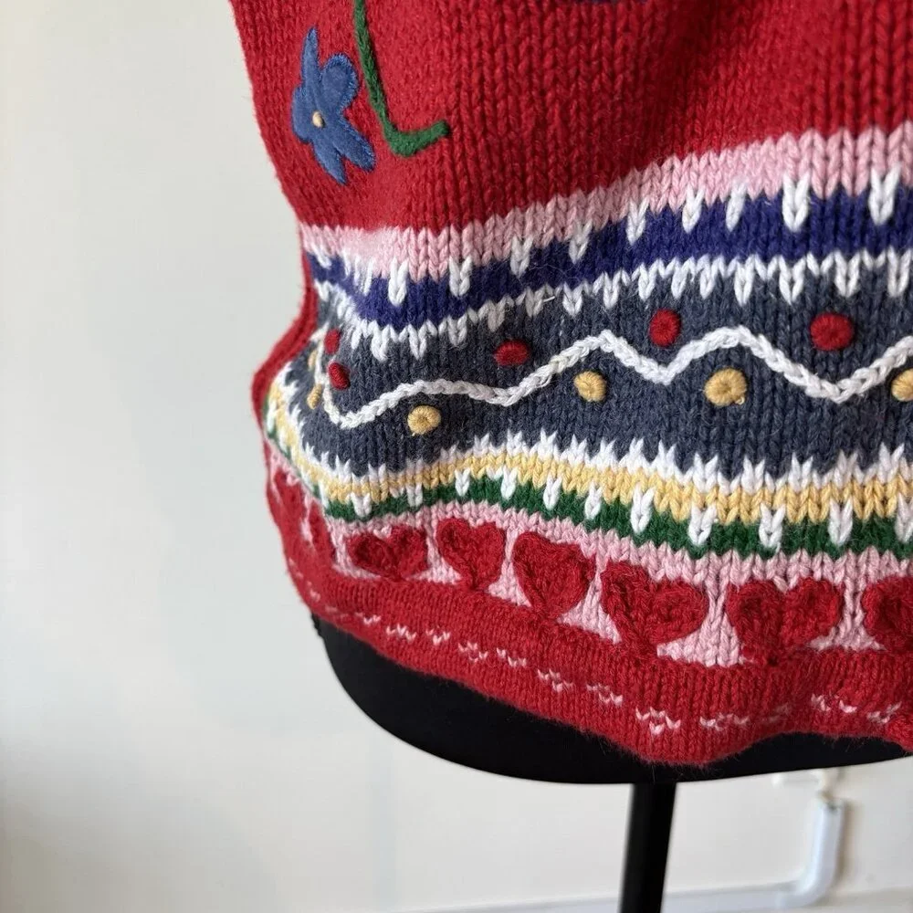 VTG Karen Scott Red Sweater‎ Vest Fair Isle Hearts Flowers Size M GrandmaCore